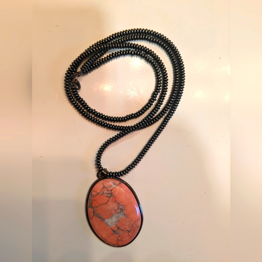 Rare vintage pendant, pink howlite, hematite, gunmetal
